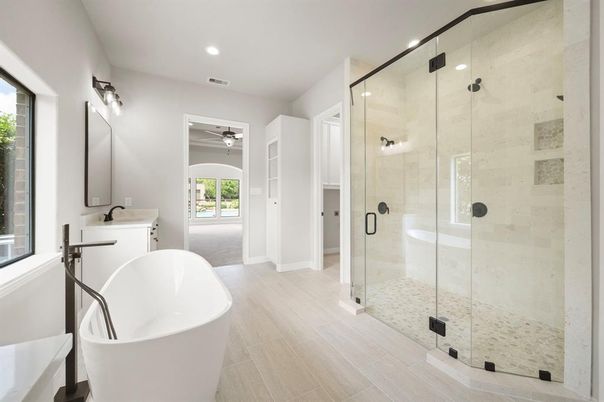 Bathroom, Free Standing Baths, Glass Shower, Interior, Recessed Lighting, Wood Texture Flooring
