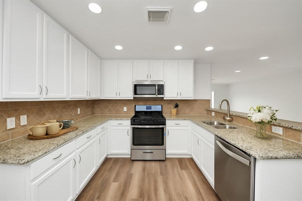 Interior, Kitchen, Recessed Lighting, Stainless Steel Appliances, Wood Texture Flooring