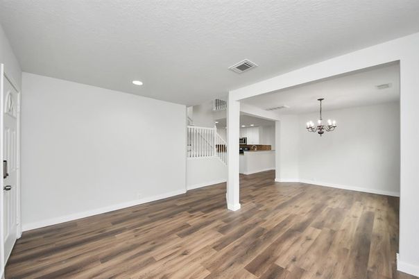 Chandelier, Empty room, Interior, Recessed Lighting, Wood Texture Flooring