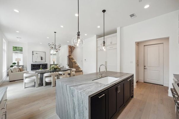 Dining room, Fireplace, Interior, Kitchen, Living room, Pendant Lights, Recessed Lighting, Wood Texture Flooring