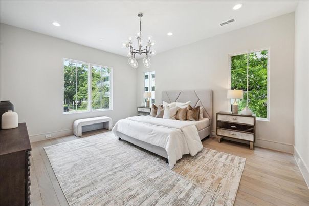 Bedroom, Interior, Pendant Lights, Recessed Lighting, Wood Texture Flooring