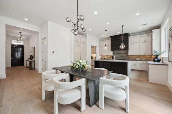 Dining room, Interior, Kitchen, Pendant Lights, Recessed Lighting, Wood Texture Flooring