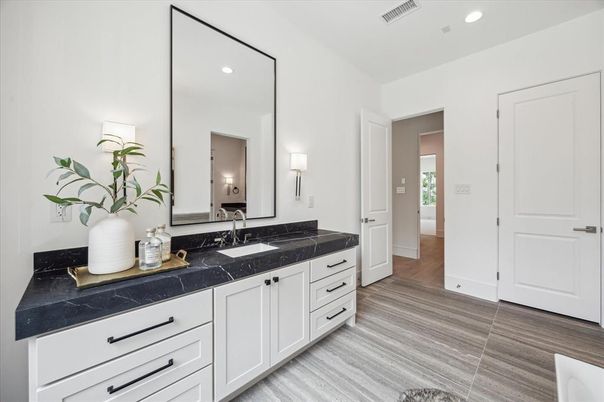 Bathroom, Dual Sink Vanities, Interior, Recessed Lighting, Wood Texture Flooring