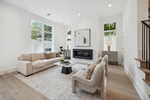Fireplace, Interior, Living room, Recessed Lighting, Wood Texture Flooring