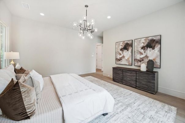 Bedroom, Interior, Pendant Lights, Recessed Lighting, Wood Texture Flooring