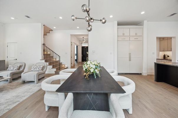 Dining room, Interior, Pendant Lights, Recessed Lighting, Wood Texture Flooring