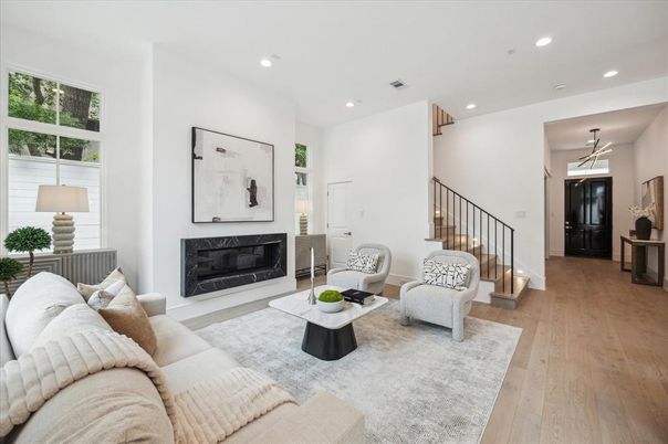 Fireplace, Interior, Living room, Pendant Lights, Recessed Lighting, Wood Texture Flooring