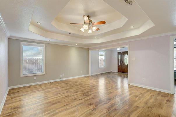 Empty room, Interior, Recessed Lighting, Wood Texture Flooring
