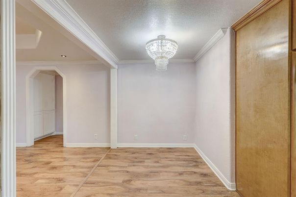 Chandelier, Empty room, Interior, Recessed Lighting, Wood Texture Flooring