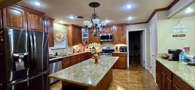 Chandelier, Interior, Kitchen, Recessed Lighting, Stainless Steel Appliances, Wood Texture Flooring