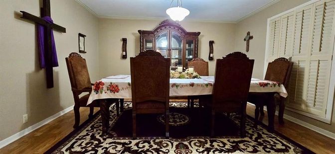 Dining room, Interior, Pendant Lights, Wood Texture Flooring