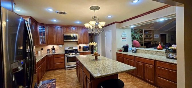 Chandelier, Interior, Kitchen, Recessed Lighting, Stainless Steel Appliances, Wood Texture Flooring