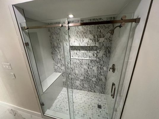 Bathroom, Glass Shower, Interior, Marble Walls, Recessed Lighting