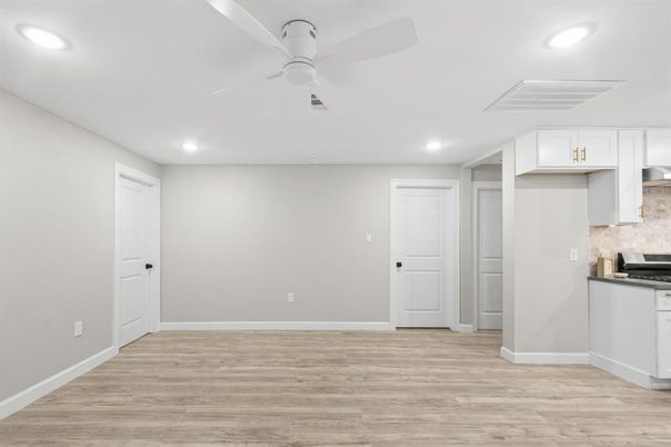 Empty room, Interior, Kitchen, Recessed Lighting, Wood Texture Flooring