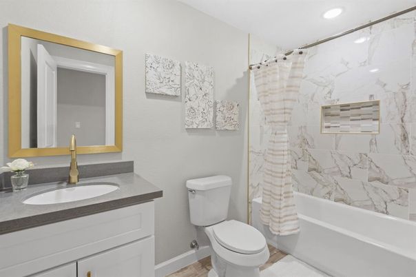 Bathroom, Interior, Marble Walls, Recessed Lighting, Wood Texture Flooring