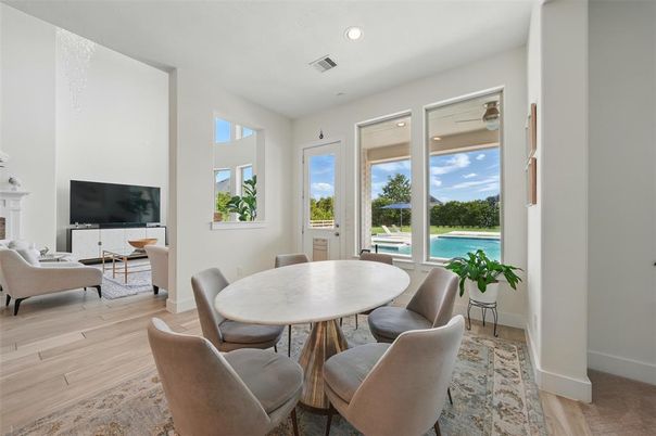 Dining room, Interior, Living room, Recessed Lighting, Water, Wood Texture Flooring