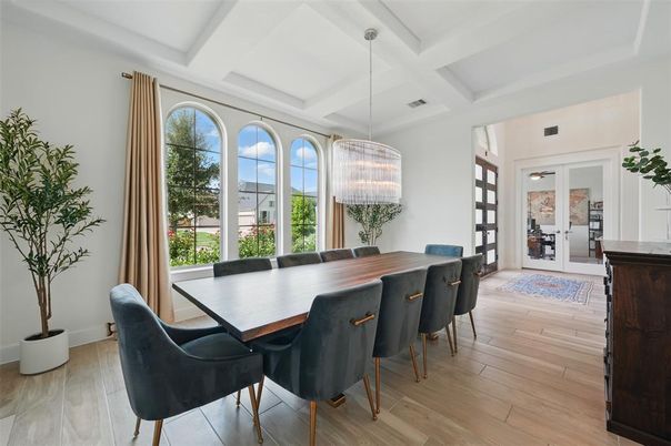 Chandelier, Dining room, Interior, Wood Texture Flooring