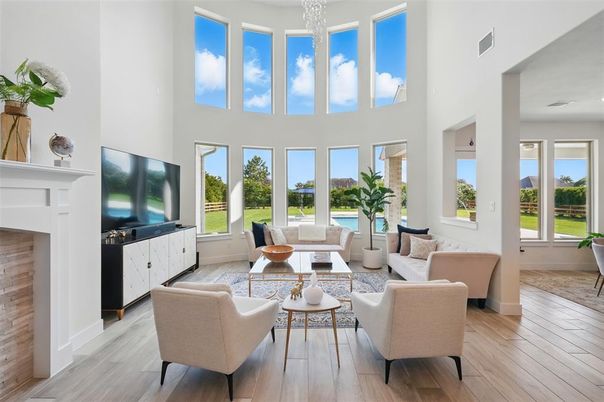 Chandelier, Fireplace, Interior, Living room, Water, Wood Texture Flooring