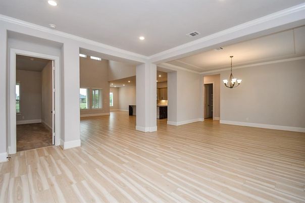 Chandelier, Empty room, Interior, Recessed Lighting, Wood Texture Flooring