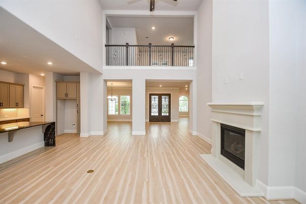 Fireplace, Interior, Pendant Lights, Recessed Lighting, Wood Texture Flooring