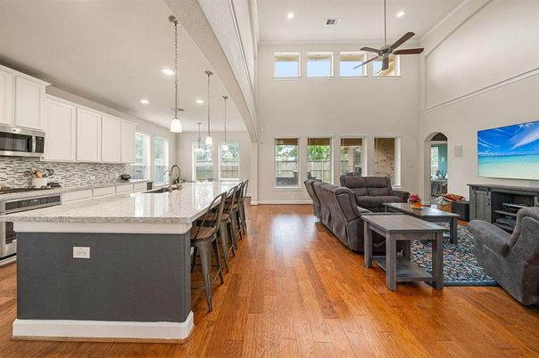 Fireplace, Interior, Kitchen, Living room, Pendant Lights, Recessed Lighting, Wood Texture Flooring