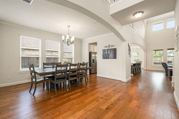 Chandelier, Dining room, Interior, Wood Texture Flooring