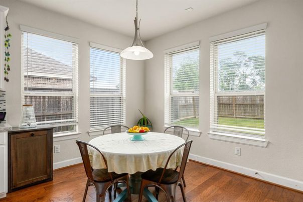 Dining room, Interior, Pendant Lights, Wood Texture Flooring