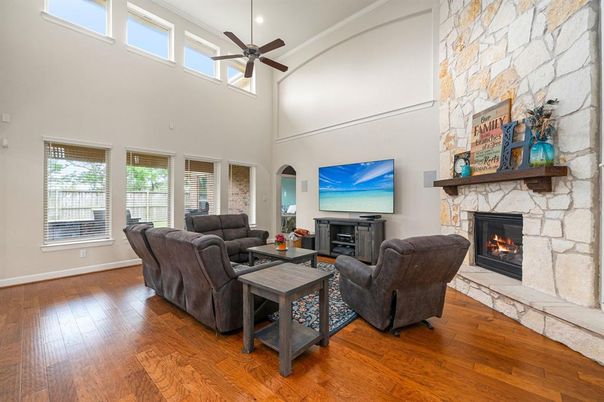 Fireplace, Interior, Living room, Stone Walls, Wood Texture Flooring