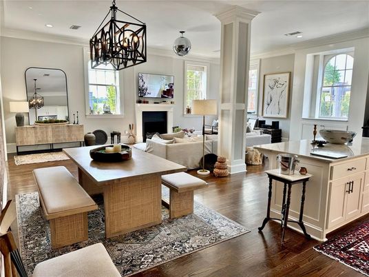 Dining room, Fireplace, Interior, Living room, Pendant Lights, Recessed Lighting, Wood Texture Flooring