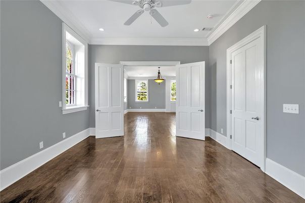 Empty room, Interior, Pendant Lights, Recessed Lighting, Wood Texture Flooring