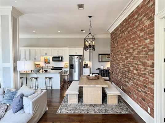 Dining room, Interior, Kitchen, Pendant Lights, Recessed Lighting, Stainless Steel Appliances, Stone Walls, Wood Texture Flooring