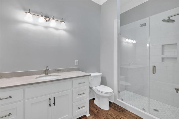 Bathroom, Glass Shower, Interior, Wood Texture Flooring