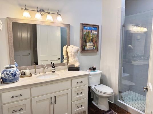 Bathroom, Glass Shower, Interior, Wood Texture Flooring