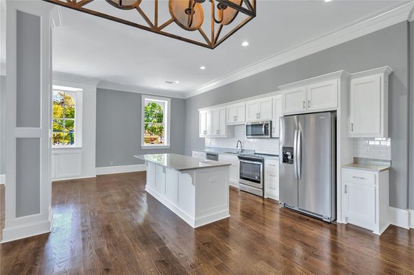Interior, Kitchen, Recessed Lighting, Stainless Steel Appliances, Wood Texture Flooring