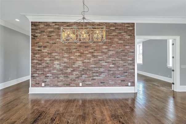 Empty room, Interior, Pendant Lights, Recessed Lighting, Stone Walls, Wood Texture Flooring