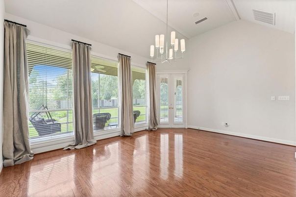 Chandelier, Empty room, Interior, Pendant Lights, Wood Texture Flooring