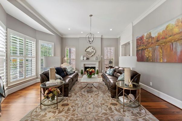 Chandelier, Fireplace, Interior, Living room, Recessed Lighting, Wood Texture Flooring