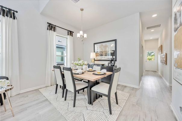 Dining room, Interior, Pendant Lights, Recessed Lighting, Wood Texture Flooring