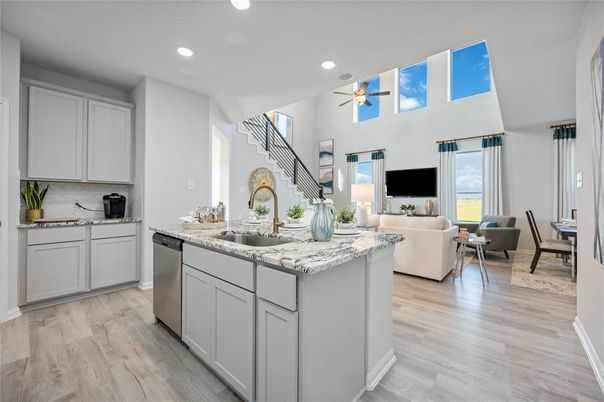 Dining room, Interior, Kitchen, Living room, Recessed Lighting, Wood Texture Flooring