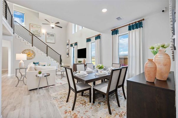 Dining room, Interior, Living room, Recessed Lighting, Wood Texture Flooring