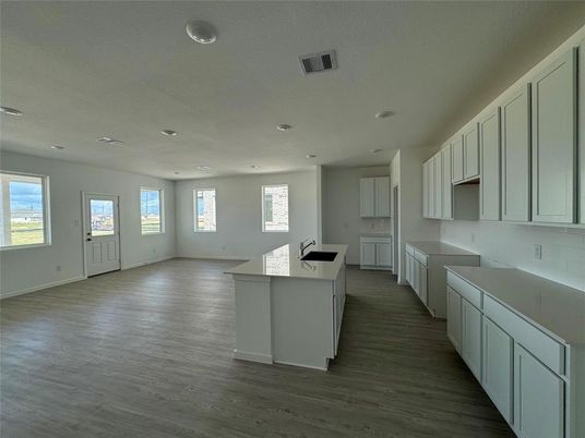 Empty room, Interior, Kitchen, Recessed Lighting, Wood Texture Flooring