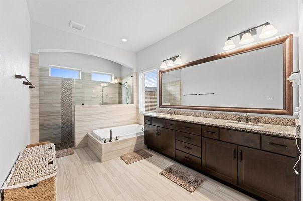 Bathroom, Dual Sink Vanities, Glass Shower, Interior, Recessed Lighting, Wood Texture Flooring