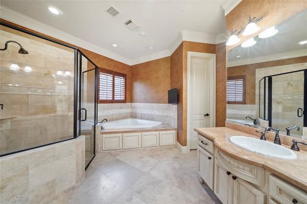 Bathroom, Dual Sink Vanities, Glass Shower, Interior, Recessed Lighting