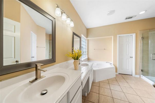 Bathroom, Dual Sink Vanities, Glass Shower, Interior, Recessed Lighting