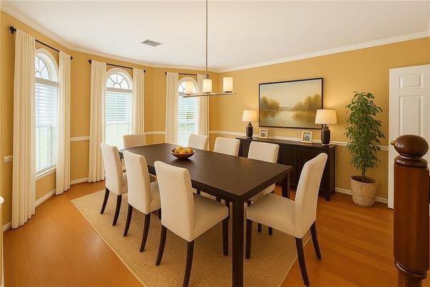 Dining room, Interior, Pendant Lights, Wood Texture Flooring