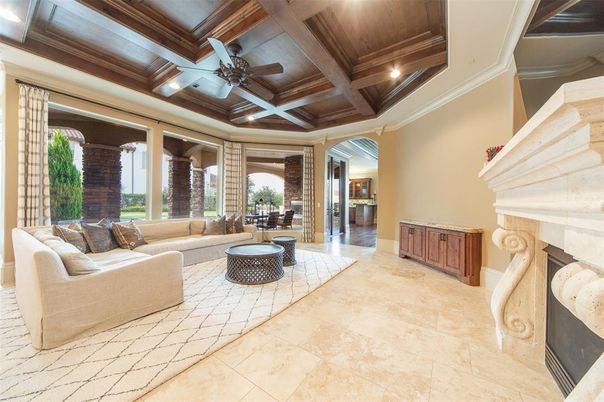 Fireplace, Interior, Living room, Recessed Lighting, Wooden Ceilings
