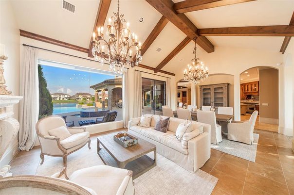 Chandelier, Dining room, Interior, Living room, Recessed Lighting, Water, Wooden Beams