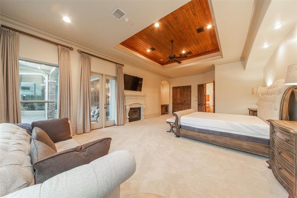 Bedroom, Fireplace, Interior, Recessed Lighting, Wooden Ceilings