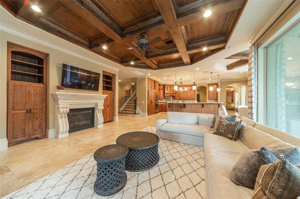 Fireplace, Interior, Kitchen, Living room, Pendant Lights, Recessed Lighting, Stainless Steel Appliances, Wooden Beams, Wooden Ceilings
