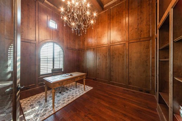 Chandelier, Home Office, Interior, Wood Texture Flooring, Wooden Walls